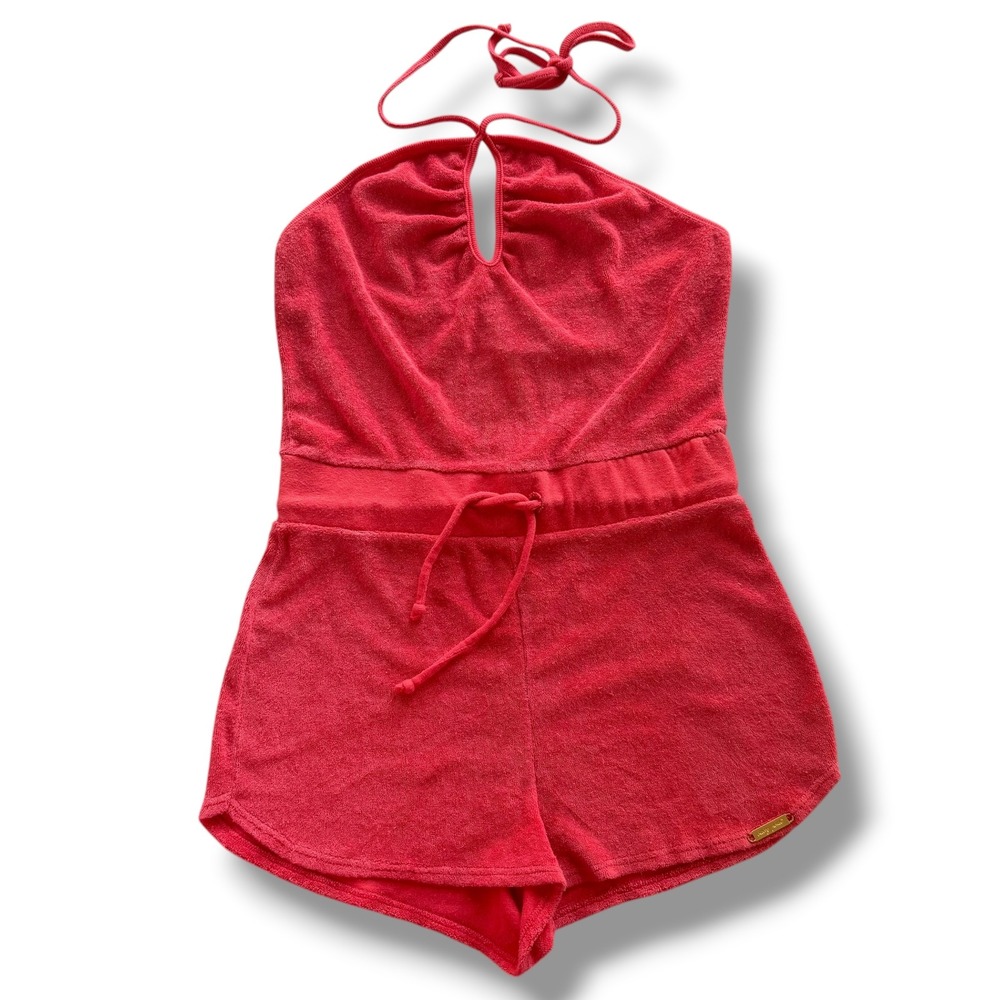 Baby Phat Womens L Coral Pink Terry Cloth Keyhole Logo Halter Romper Vintage Y2K
